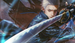 Rule 34 | 1boy, black gloves, blue coat, blue eyes, brown background, capcom, closed mouth, coat, commentary, devil may cry (series), devil may cry 5, fighting stance, fingerless gloves, fulushouxijixiangcha, glass, glass shards, gloves, hair slicked back, holding, holding sword, holding weapon, katana, long coat, long sleeves, looking away, male focus, short hair, silver hair, solo, spoilers, sword, upper body, vergil (devil may cry), weapon, yamato (sword)