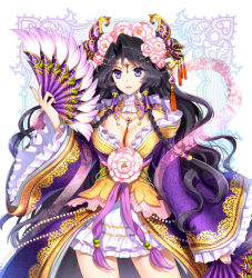 Rule 34 | 1girl, bad id, bad pixiv id, black hair, braid, breasts, character request, cleavage, daisenran!! sangokushi battle, dress, flower, folding fan, hair flower, hair ornament, hair tubes, hand fan, large breasts, long hair, long sleeves, looking at viewer, multicolored clothes, multicolored dress, nail polish, nardack, official art, purple eyes, solo, tiara, twin braids, very long hair, white dress, wide sleeves
