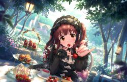 Rule 34 | 1girl, bow, brown hair, building, cage, cherry, cup, flower, food, fruit, game cg, gothic lolita, headdress, idolmaster, idolmaster cinderella girls, idolmaster cinderella girls starlight stage, lantern, lolita fashion, official art, ogata chieri, orange eyes, plate, rose, solo, table, teacup, tree, twintails
