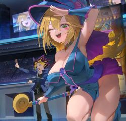 Rule 34 | 1boy, 1girl, arm up, armpits, bare shoulders, belt, black hair, black shirt, blonde hair, blouse, blue headwear, blue jacket, blurry, blush, blush stickers, breasts, building, card, choker, cleavage, covered navel, crowd, dark magician girl, depth of field, duel disk, duel monster, floating, gem, gold choker, green eyes, hair between eyes, hat, highres, holding, holding card, holding wand, hood (james x), jacket, large breasts, long hair, looking at viewer, monitor, multicolored hair, muto yugi, one eye closed, open clothes, open jacket, open mouth, pelvic curtain, pentagram, purple eyes, purple hair, salute, school uniform, shirt, sky, stadium, stage, standing, star (sky), starry sky, teeth, thighs, tongue, uniform, upper teeth only, wand, yu-gi-oh!