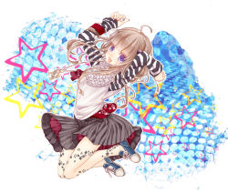 Rule 34 | 1girl, 218, ahoge, arms up, bad id, bad pixiv id, blunt bangs, blush, braid, brown hair, jewelry, jumping, long hair, nail polish, necklace, open mouth, original, purple eyes, shoes, skirt, smile, sneakers, star (symbol), striped, striped sleeves, tattoo, twin braids