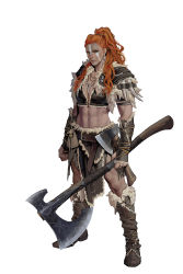 Rule 34 | 1girl, abs, axe, barbarian, boots, breasts, cleavage, cocoro moto, concept art, facepaint, fingerless gloves, gloves, green eyes, highres, holding, holding weapon, jewelry, long hair, muscular, muscular female, navel piercing, necklace, orange hair, original, piercing, ponytail, revealing clothes, simple background, solo, weapon, white background