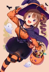Rule 34 | 1girl, ahoge, bag, bat (animal), beige background, black footwear, black skirt, breasts, brown hair, bucket, candy, cape, chocolate, choker, commentary, corset, earrings, english commentary, food, foot out of frame, ghost, halloween, halloween bucket, hand on headwear, hat, holding, holding bucket, idolmaster, idolmaster million live!, idolmaster million live! theater days, jewelry, kamille (vcx68), long sleeves, looking at viewer, medium breasts, medium hair, multicolored clothes, multicolored legwear, off-shoulder shirt, off shoulder, open mouth, orange shirt, pantyhose, purple hat, shirt, shoes, shoulder bag, side ponytail, skirt, smile, solo, striped clothes, striped pantyhose, teeth, upper teeth only, witch hat, yokoyama nao