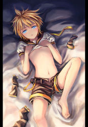Rule 34 | 1boy, androgynous, barefoot, bed sheet, belt, blonde hair, blue eyes, bryanth, clothes lift, feet, kagamine len, lying, male focus, navel, on back, pillarboxed, school uniform, shirt lift, shorts, solo, undressing, vocaloid