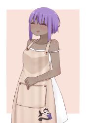 Rule 34 | 1girl, ^ ^, apron, bare arms, bare shoulders, blush, brown background, closed eyes, dark-skinned female, dark skin, dress, fate/prototype, fate/prototype: fragments of blue and silver, fate (series), hair between eyes, hassan of serenity (fate), i.u.y, jewelry, open mouth, purple hair, ring, sleeveless, sleeveless dress, solo, strap slip, striped apron, striped clothes, teeth, two-tone background, upper teeth only, vertical-striped apron, vertical-striped clothes, white background, white dress