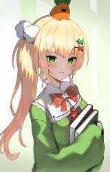 Rule 34 | 1girl, ao ne, blonde hair, blush, book, hugging book, bow, bowtie, closed mouth, commentary, green eyes, green jacket, hair ornament, hairclip, highres, holding, holding book, hololive, hugging object, jacket, long hair, looking at viewer, momosuzu nene, momosuzu nene (casual), nekko (momosuzu nene), official alternate costume, official alternate hairstyle, oversized clothes, pom pom (clothes), pom pom hair ornament, red bow, red bowtie, sailor collar, school uniform, side ponytail, sleeves past wrists, smile, solo, virtual youtuber, white sailor collar, wide sleeves
