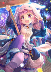 Rule 34 | 1girl, animal hood, rabbit hood, fireworks, hood, jin young-in, long hair, md5 mismatch, open mouth, pink eyes, pink hair, signpost, smile, solo, v