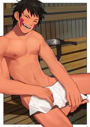 Rule 34 | 1boy, abs, covering privates, dark-skinned male, dark skin, facial mark, feet out of frame, forehead protector, highres, inuzuka kiba, looking at viewer, male focus, naruto (series), navel, nipples, nude cover, pectorals, sauna, short hair, sideburns, sitting, solo, stomach, toned, toned male, yaowu