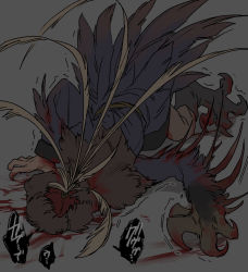 Rule 34 | 1boy, all fours, blood, blood on clothes, brown hat, facing away, from above, fur hat, grey background, hat, hat feather, highres, kenkon no washi, li sakura, male focus, monster boy, red hat, robe, sash, solo, talons, trembling