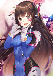 Rule 34 | 1girl, alilu-chan, alternate hair length, alternate hairstyle, animal print, armor, blue bodysuit, bodysuit, boots, bracer, breasts, brown eyes, brown hair, cherry blossoms, covered erect nipples, covered navel, cowboy shot, d.va (overwatch), facepaint, facial mark, gloves, hands up, headphones, index finger raised, legs together, lips, long hair, looking at viewer, matching hair/eyes, medium breasts, open mouth, overwatch, overwatch 1, pauldrons, pilot suit, pink lips, pointing, pointing up, rabbit print, ribbed bodysuit, shoulder armor, shoulder pads, skin tight, smile, solo, thigh boots, thighhighs, tree, turtleneck, very long hair, water drop, whisker markings, white gloves