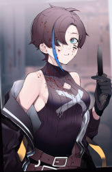 Rule 34 | 1girl, absurdres, belt, black gloves, black jacket, black sweater, blood, blood on clothes, blood on face, blue eyes, breasts, brown belt, brown hair, cleavage cutout, clothing cutout, girls&#039; frontline, gloves, hair over one eye, highres, holding, holding knife, holding weapon, jacket, knife, long sleeves, looking at viewer, medium breasts, open clothes, open jacket, ribbed sweater, saiun sigma, short hair, sleeveless, sleeveless sweater, solo, sweater, tec-9 (girls&#039; frontline), upper body, weapon