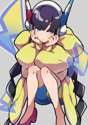 1girl black_hair blue_eyes blue_shorts coat creatures_(company) elesa_(pokemon) foot_out_of_frame fur_coat game_freak grey_background headphones highres long_hair looking_at_viewer nintendo pakotaroh pokemon pokemon_bw2 shorts solo