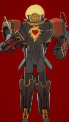 Rule 34 | 1boy, absurdres, blank eyes, clenched hands, closed mouth, crown of thorns, full body, halo, heart, highres, inri (phrase), jesus, looking at viewer, male focus, mecha, mechanization, mossacannibalis, red background, robot, simple background, solo, standing, the bible