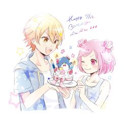 Rule 34 | 1boy, 1girl, bird, birthday cake, blonde hair, blue jacket, bob cut, bow, bowtie, breasts, cake, candle, commentary request, dated, drawstring, food, fruit, hair between eyes, happy birthday, highres, holding, holding cake, holding food, hood, hood down, hooded jacket, jacket, momomo (m0 3), official alternate hairstyle, one eye closed, ootori emu, open clothes, open jacket, open mouth, orange eyes, orange hair, penguin, pink bow, pink bowtie, pink eyes, pink hair, project sekai, red bow, red bowtie, sanrio, shirt, short hair, short sleeves, sleeveless, small breasts, star (symbol), strawberry, swimsuit, teeth, tenma tsukasa, tongue, tongue out, upper body, upper teeth only, white background, white shirt