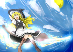 Rule 34 | 1girl, apron, blonde hair, boots, braid, broom, broom riding, cross-laced footwear, day, hat, kirisame marisa, monrooru, open mouth, side braid, sky, solo, touhou, waist apron, witch hat, yellow eyes