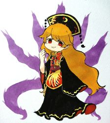Rule 34 | 1girl, aura, bad id, bad twitter id, black skirt, chinese clothes, hand to own mouth, hand up, hat, highres, junko (touhou), long hair, long sleeves, looking at viewer, neck ribbon, orange hair, parted lips, red eyes, ribbon, robe, sasa kichi, skirt, sleeves past fingers, sleeves past wrists, smile, solo, standing, tabard, touhou, wide sleeves, yellow ribbon