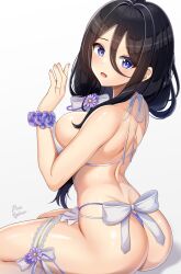 Rule 34 | 1girl, absurdres, ass, bare shoulders, bikini, black hair, blue eyes, breasts, commentary request, dolphin wave, from side, hair between eyes, highres, jewelry, large breasts, looking at viewer, open mouth, pinesphere, ring, short hair, sideboob, sitting, suminoe shion, swimsuit, thighs, wedding ring, white background, white bikini