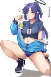 Rule 34 | 1girl, absurdres, bare legs, black shirt, blue archive, blue eyes, blue jacket, bottle, buruma, commentary, crop top, grin, half updo, halo, highres, holding, holding bottle, jacket, lanyard, long hair, long sleeves, looking at viewer, midriff, navel, pinepin, purple footwear, purple hair, shirt, shoes, short sleeves, simple background, smile, solo, stomach, thighs, tied shirt, very long hair, white background, yuuka (blue archive), yuuka (track) (blue archive)