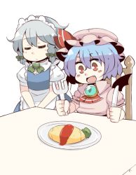 Rule 34 | 2girls, apron, ascot, bat wings, blue dress, blue hair, braid, brooch, chair, closed eyes, dress, fang, female focus, food, fork, izayoi sakuya, jewelry, knife, maid, maid apron, maid headdress, multiple girls, omelet, omurice, open mouth, pink dress, plate, puffy sleeves, red eyes, remilia scarlet, shirt, short hair, silver hair, sitting, table, touhou, tsukigi, twin braids, waist apron, wings
