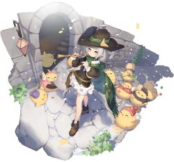 Rule 34 | &gt; &lt;, 1girl, absurdres, alcohol, animal, azur lane, beer mug, belt, bird, black hat, black shirt, blunt bangs, boots, brown footwear, cape, chick, closed eyes, cobblestone, confetti, cup, flower, flute, frills, from above, full body, fur trim, green cape, grey hair, hat, health bar, highres, holding, holding instrument, instrument, jacket, kinjo kuromomo, lantern, long hair, long sleeves, looking at viewer, manjuu (azur lane), mole, mole under eye, mug, music, non-web source, official alternate costume, official art, outdoors, plant, playing instrument, pom pom (clothes), puffy long sleeves, puffy sleeves, red hat, shirt, shoes, skirt, solo, standing, stone floor, the pied piper of hamelin, very long hair, water, white background, white skirt, yellow eyes, z46 (azur lane), z46 (the bard of hamelin) (azur lane)
