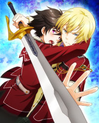 Rule 34 | 2boys, arms around neck, black hair, black pants, blonde hair, blue eyes, closed mouth, eiyuu densetsu, emblem, falcom, fighting stance, frown, holding, holding sword, holding weapon, jacket, jusis albarea, looking at viewer, male focus, military, military uniform, multiple boys, open hand, open mouth, pants, plaid, plaid pants, purple eyes, rean schwarzer, red jacket, scared, school uniform, sen no kiseki, short hair, spiked hair, sword, teeth, uniform, weapon, yaoi