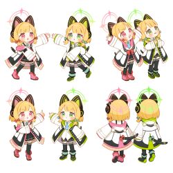 Rule 34 | 2girls, animal ear headphones, animal ears, black footwear, black shorts, black skirt, black thighhighs, blonde hair, blue archive, blue necktie, boots, bow, closed mouth, collared shirt, fake animal ears, green bow, green eyes, green halo, hair bow, halo, headphones, highres, jacket, long sleeves, midori (blue archive), momoi (blue archive), multiple girls, multiple views, necktie, ochamaru, open mouth, parted lips, pink footwear, pink halo, pleated skirt, red bow, red eyes, shirt, short hair, shorts, siblings, simple background, sisters, skirt, smile, thighhighs, twins, white background, white jacket, white shirt