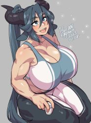 Rule 34 | 1girl, agawa ryou, animal ears, artist name, bare shoulders, black horns, black leggings, blue eyes, blue hair, blue sports bra, bra, breasts, choko (cup), cleavage, collarbone, commentary, cup, dated, english commentary, feet out of frame, grey background, groin, hair between eyes, high ponytail, holding, holding cup, horns, huge breasts, leggings, light blush, long hair, looking up, multicolored bra, multicolored clothes, multicolored leggings, muscular, muscular female, numbered, open mouth, original, round teeth, sidelocks, simple background, sitting, smile, solo, sports bra, straight hair, teeth, two-tone sports bra, underwear, upper teeth only, very long hair, white leggings, white sports bra
