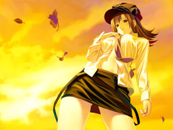 Rule 34 | 1girl, autumn leaves, blush, breasts, brown eyes, brown hair, cloud, covered erect nipples, dress shirt, hat, koutaro, large breasts, leaf, long hair, midriff, miniskirt, naughty face, navel, necktie, no bra, open clothes, open shirt, outdoors, parted bangs, pencil skirt, pp: pianissimo, shirt, skirt, sky, smile, solo, standing, sunset, suspenders, tachibana mikage