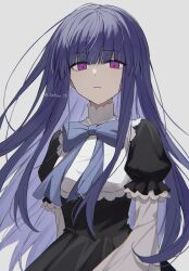 Rule 34 | 1girl, black dress, blunt bangs, bow, bowtie, closed mouth, commentary request, dress, expressionless, floating hair, frederica bernkastel, grey background, highres, long hair, looking at viewer, purple bow, purple bowtie, purple eyes, purple hair, seina1211, simple background, solo, twitter username, two-tone dress, umineko no naku koro ni, very long hair, white dress, white sleeves