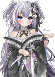 Rule 34 | 1girl, absurdres, bare shoulders, black kimono, blush, commentary, dagger, english commentary, grey hair, hair ribbon, highres, holding, holding dagger, holding knife, holding weapon, hololive, hololive indonesia, japanese clothes, kimono, knife, long hair, official alternate costume, purple eyes, ribbon, rokusketch, simple background, solo, twitter username, two side up, vestia zeta, vestia zeta (new year), virtual youtuber, weapon, white background, wide sleeves
