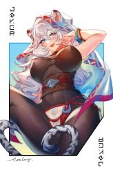 Rule 34 | 1girl, absurdres, animal ears, artist name, black legwear, blue eyes, box galaxy, breasts, druid kanna, guardian tales, highres, large breasts, long hair, looking at viewer, open mouth, sleeveless, smile, tail, tattoo, tiger ears, tiger girl, tiger tail, white hair