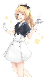Rule 34 | 1girl, blonde hair, blue eyes, blue sailor collar, cup, dress, gloves, hat, highres, holding, holding plate, jenson tw, jervis (kancolle), kantai collection, long hair, looking at viewer, one eye closed, open mouth, plate, sailor collar, sailor dress, sailor hat, short sleeves, simple background, solo, teacup, white background, white dress, white gloves, white hat