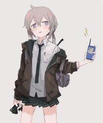 Rule 34 | 1girl, backpack, bag, black necktie, black skirt, blush, breast pocket, brown jacket, collared shirt, commentary request, dress shirt, feet out of frame, girls&#039; frontline, gloves, grey background, grey hair, highres, holding, holding clothes, holding gloves, jacket, lightning bolt symbol, long hair, looking at object, looking to the side, low ponytail, m200 (girls&#039; frontline), miniskirt, necktie, off shoulder, open clothes, open jacket, open mouth, pleated skirt, pocket, purple eyes, shinagiku, shirt, simple background, skirt, sleeve pushed up, solo, standing, strap slip, sweatdrop, unworn gloves, walkie-talkie, white shirt