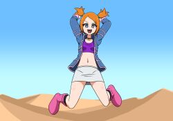 Rule 34 | 1girl, :d, arms up, blue eyes, blue jacket, blue sky, choker, commission, creatures (company), cropped shirt, desert, full body, game freak, highres, jacket, long sleeves, midriff, mori hayaki, navel, nintendo, open clothes, open jacket, open mouth, orange hair, pink footwear, pixiv commission, pokemon, pokemon colosseum, purple shirt, rui (pokemon), shirt, short hair, skirt, sky, smile, solo, teeth, twintails, upper teeth only, white skirt