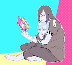 Rule 34 | aged down, alternate costume, animal ear fluff, animal on book, arm tattoo, baby, barefoot, black hair, blue hair, blush, book, boruto: naruto next generations, carrot, eyeliner, father and son, hair over one eye, holding, holding book, long hair, makeup, markings, mitsuki (naruto), multicolored background, naruto (series), orochimaru (naruto), pale skin, parent and child, picture book, rabbit, reading, sitting, sitting on lap, sitting on person, sucking finger, tattoo, yellow eyes