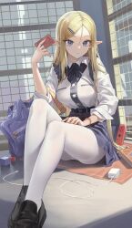 Rule 34 | 1girl, absurdres, blonde hair, blue eyes, cable, charger, elf, hair ornament, hairclip, highres, long hair, nintendo switch, original, pantyhose, pointy ears, school uniform, shirt, sitting, skirt, solo, thighband pantyhose, white pantyhose, white shirt, xzu