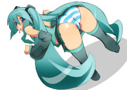 Rule 34 | 1girl, aqua eyes, aqua hair, arms beside, ass, bare shoulders, bent over, blush, detached sleeves, from behind, hatsune miku, headset, long hair, looking back, panties, pantyshot, pleated skirt, skirt, solo, spread legs, striped clothes, striped panties, surprised, thighhighs, toudori, trefoil, twintails, underwear, upskirt, very long hair, vocaloid