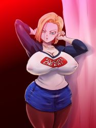 Rule 34 | 1girl, android 18, blonde hair, blue eyes, blush, breasts, cleavage, cosplay, covered erect nipples, crossover, curvy, dragon ball, dragon ball super, dragonball z, female focus, huge breasts, large breasts, looking at viewer, rickert kai, short hair, smile, solo, standing, sugoi dekai, thick thighs, thighs, uzaki-chan wa asobitai!, uzaki hana (cosplay), wide hips