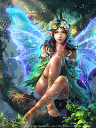 Rule 34 | 1girl, barefoot, barefoot sandals (jewelry), copyright name, dated, dress, fairy, fairy wings, flower, forest, hair flower, hair ornament, head wreath, highres, jewelry, legend of the cryptids, liang xing, looking at viewer, nature, pointy ears, signature, star (symbol), toe ring, tree, wand, watermark, web address, wings