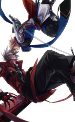 Rule 34 | 2boys, arc system works, battle, belt, black pants, blazblue, blazblue: calamity trigger, blonde hair, brothers, clenched teeth, coat, eye contact, fang, green eyes, highres, kaneaki mukku, kisaragi jin, looking at another, male focus, multiple boys, pants, ragna the bloodedge, red eyes, shoes, siblings, smile, spiked hair, sword, teeth, weapon, white background, white hair, yukianesa