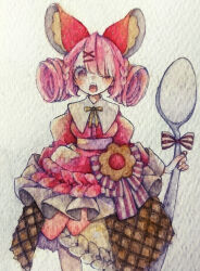 Rule 34 | 1girl, blush, brown eyes, dress, feet out of frame, food, food as clothes, frills, hair ornament, highres, holding, holding spoon, original, oversized object, pink dress, pink hair, simple background, solo, spoon, traditional media, user xarn5853, wafer, white background, white nails, x hair ornament