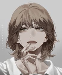Rule 34 | 1girl, blackbox (blackbox9158), blouse, brown eyes, brown hair, finger to mouth, grey background, highres, omniscient reader&#039;s viewpoint, portrait, shirt, short hair, sideways glance, smile, solo, symbol-only commentary, white shirt, yoo sangah