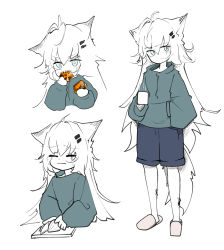 Rule 34 | 1girl, absurdres, ahoge, animal ears, arknights, blue eyes, blue shorts, crying, cup, cutting board, cutting onions, eating, green sweater, hair ornament, hairclip, highres, holding, holding cup, holding knife, knife, lappland (arknights), long hair, material growth, mug, multiple views, originium (arknights), oripathy lesion (arknights), partially colored, runamonet, scar, scar across eye, scar on face, sharp teeth, shorts, simple background, slippers, sweater, tail, teeth, very long hair, white background, white hair, wolf ears, wolf tail