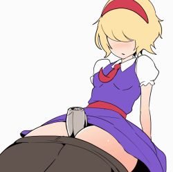 Rule 34 | 1girl, alice margatroid, animated, animated gif, black pantyhose, blonde hair, blush, bouncing breasts, breasts, clothes pull, collar, cookie (touhou), crotch rub, cum, cum on body, dress, ejaculation, faceless, faceless female, female focus, female masturbation, gun, hair over eyes, hairband, jigen (cookie), masturbation, necktie, no eyes, pantyhose, pantyhose pull, puffy short sleeves, puffy sleeves, purple dress, pussy, pussy peek, sexually suggestive, short hair, short sleeves, simple background, small breasts, smile, solo, sorry carl, thigh sex, touhou, weapon, white background