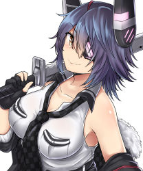 Rule 34 | 1girl, absurdres, black gloves, black necktie, breasts, checkered clothes, checkered necktie, checkered neckwear, closed mouth, collarbone, commentary request, fingerless gloves, gloves, hair between eyes, highres, holding, holding sword, holding weapon, kantai collection, kiritto, looking at viewer, necktie, purple hair, short hair, simple background, smile, solo, sword, tenryuu (kancolle), tenryuu kai ni (kancolle), weapon, white background, yellow eyes
