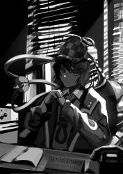 Rule 34 | 1girl, character name, coat, collared shirt, commentary, cracking knuckles, deerstalker, desk, detective, frown, greyscale, hat, highres, indoors, komeiji satori, long sleeves, monochrome, nameplate, noose, own hands together, phone, shirt, short hair, solo, sunlight, third eye, touhou, v-shaped eyebrows, window, window shutter, yuhel