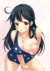 Rule 34 | 10s, 1girl, bare shoulders, black hair, blue one-piece swimsuit, blush, breast hold, breast slip, breasts, brown eyes, deep skin, female focus, grabbing own breast, hoshizuki (seigetsu), kantai collection, large breasts, long hair, looking at viewer, nipples, one-piece swimsuit, one breast out, polka dot, polka dot swimsuit, scrunchie, grabbing own breast, solo, swimsuit, thighs, ushio (kancolle), wrist scrunchie
