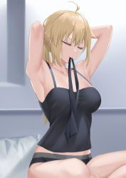 Rule 34 | 1girl, ahoge, armpits, arms up, artoria pendragon (all), artoria pendragon (fate), black panties, blonde hair, breasts, camisole, cleavage, closed mouth, collarbone, closed eyes, fate/grand order, fate (series), highres, indian style, indoors, large breasts, long hair, mouth hold, on bed, panties, pillow, ponytail, saber alter, sitting, solo, surock, tying hair, underwear