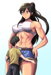Rule 34 | 1boy, 1girl, abs, belt, belt buckle, black hair, black pants, blue eyes, blush, brown belt, brown hair, buckle, closed eyes, cutoffs, denim, denim shorts, giant, giantess, hands on another&#039;s thighs, hands on own hips, hetero, highres, kiss, midriff, muscular, muscular female, navel, open mouth, original, pants, ponytail, raised eyebrows, shirt, shorts, size difference, sports bra, tall female, toothbrushking, white sports bra, yellow shirt