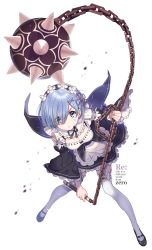 Rule 34 | 10s, 1girl, absurdres, apron, ball and chain (weapon), blue eyes, blue hair, breasts, chain, cleavage, copyright name, detached sleeves, frilled thighhighs, frills, full body, garter straps, hair ornament, hair over one eye, hairclip, highres, holding, holding weapon, leaning forward, mace, maid, maid apron, maid headdress, mary janes, matching hair/eyes, medium breasts, parted bangs, re:zero kara hajimeru isekai seikatsu, rem (re:zero), shirakino, shoes, short hair, simple background, solo, spiked mace, spikes, sweatdrop, thighhighs, waist apron, weapon, white background, wide sleeves, x hair ornament